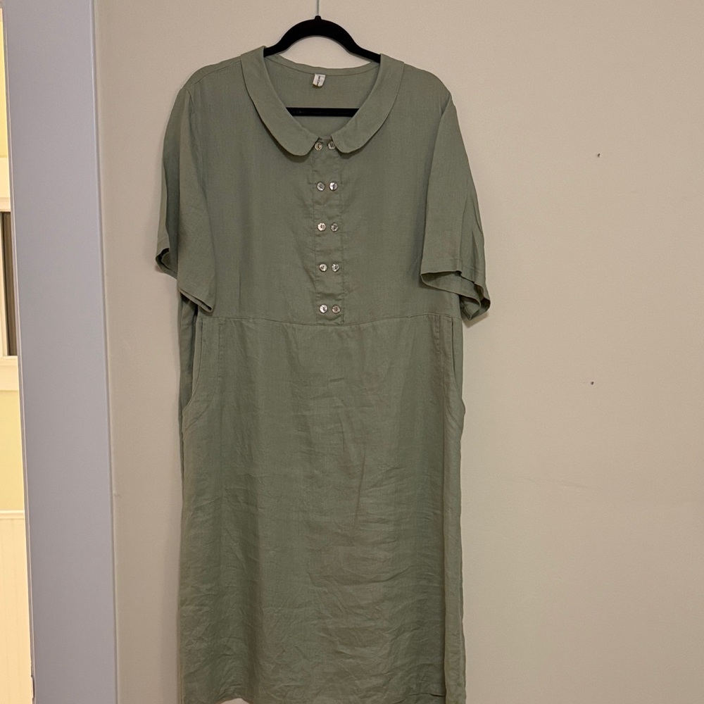 Sage Green LINEN Dress with oyster buttons